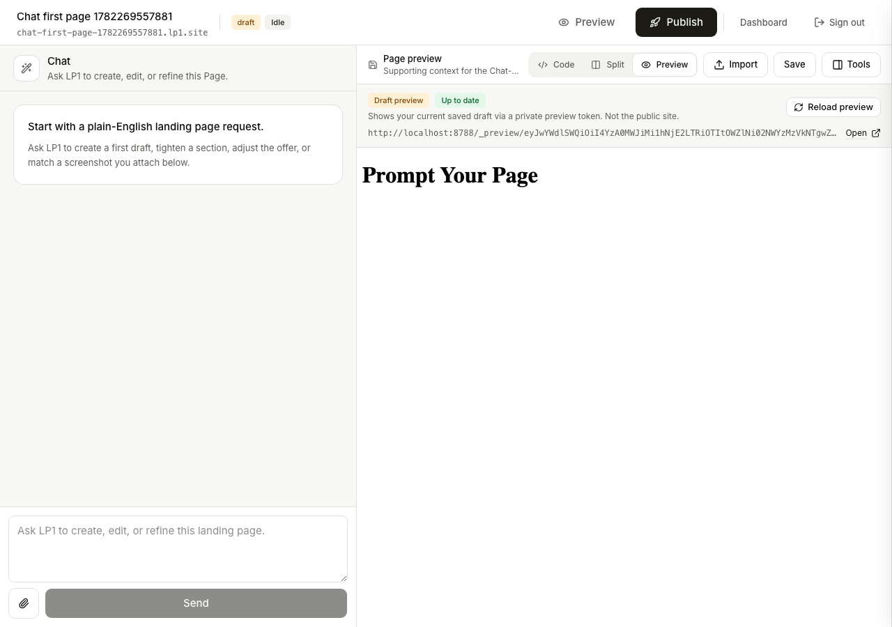 LP1 editor showing Chat beside a Page preview